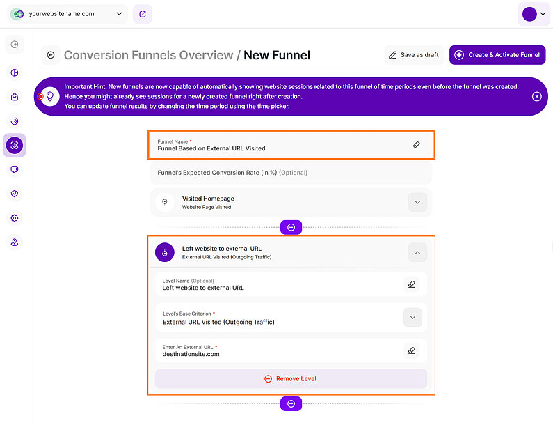 Conversion Funnel Level Based on External URL Visited Conversion Funnel Level Based on External URL Visited
