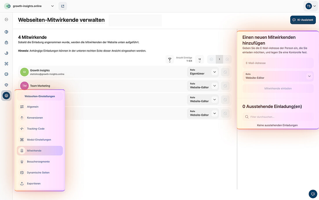 Der Screenshot der Plattform zeigt die Navigation zum Bereich Mitwirkende und das Panel zum Hinzufügen eines neuen Mitwirkenden und zum Zuweisen von Zugriffsrollen