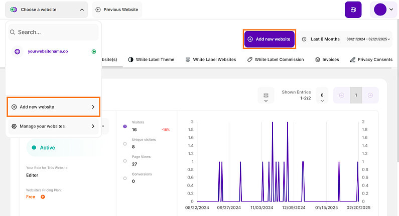 Adăugați un site web nou în contul dvs. Adăugați un site web nou în contul dvs.
